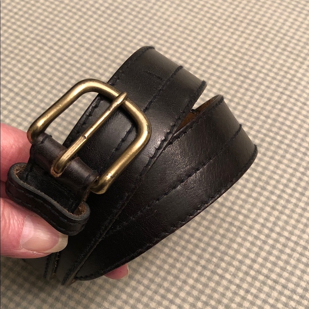 Vintage Unisex Black Leather Belt Brass Buckle 37 1/2” Unique Design #1137